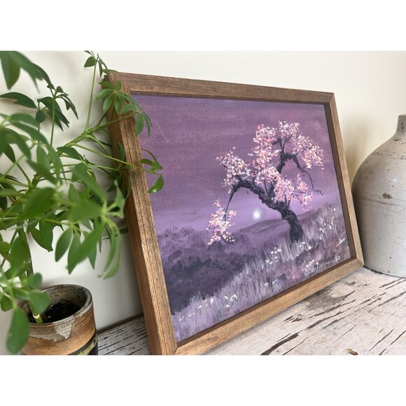 Vintage Signed Framed Oil Painting Cherry Blossom Tree At Dusk W/Moon Is Rising - Picture 6 of 9